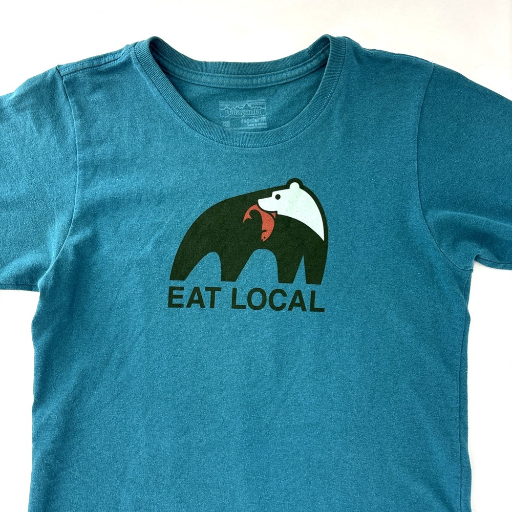 Patagonia Teal Blue EAT LOCAL Upstream T-Shirt Womens‎ Size XS Responsibili-tee